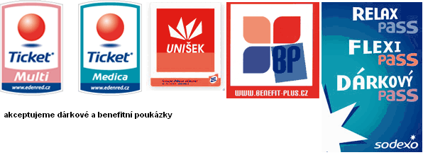 Přijímané poukázky: Ticket Multi, Ticket Medica, Unišek, Benefit Plus, Sodexo Flexi Pass
